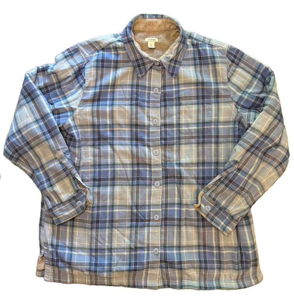LL Bean Fleece Lined Flannel Shacket Plaid Womens Large Workwear Outdoors
